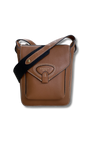 Tan leather cross body bag with pocket, flap and webbing cross body strap 