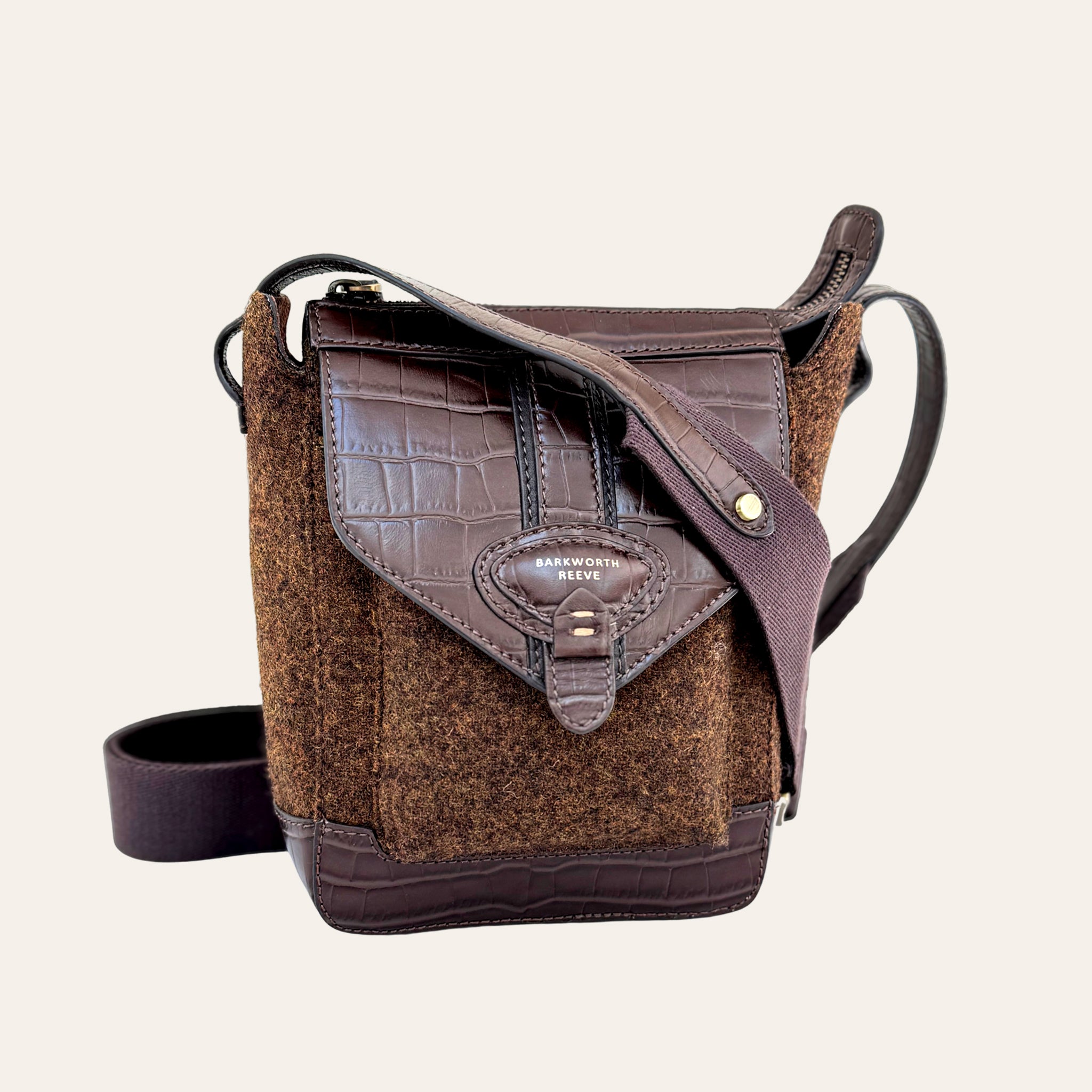 Hackthorn Tweed and Croc Leather Crossbody Bag with Adjustable Webbing Strap