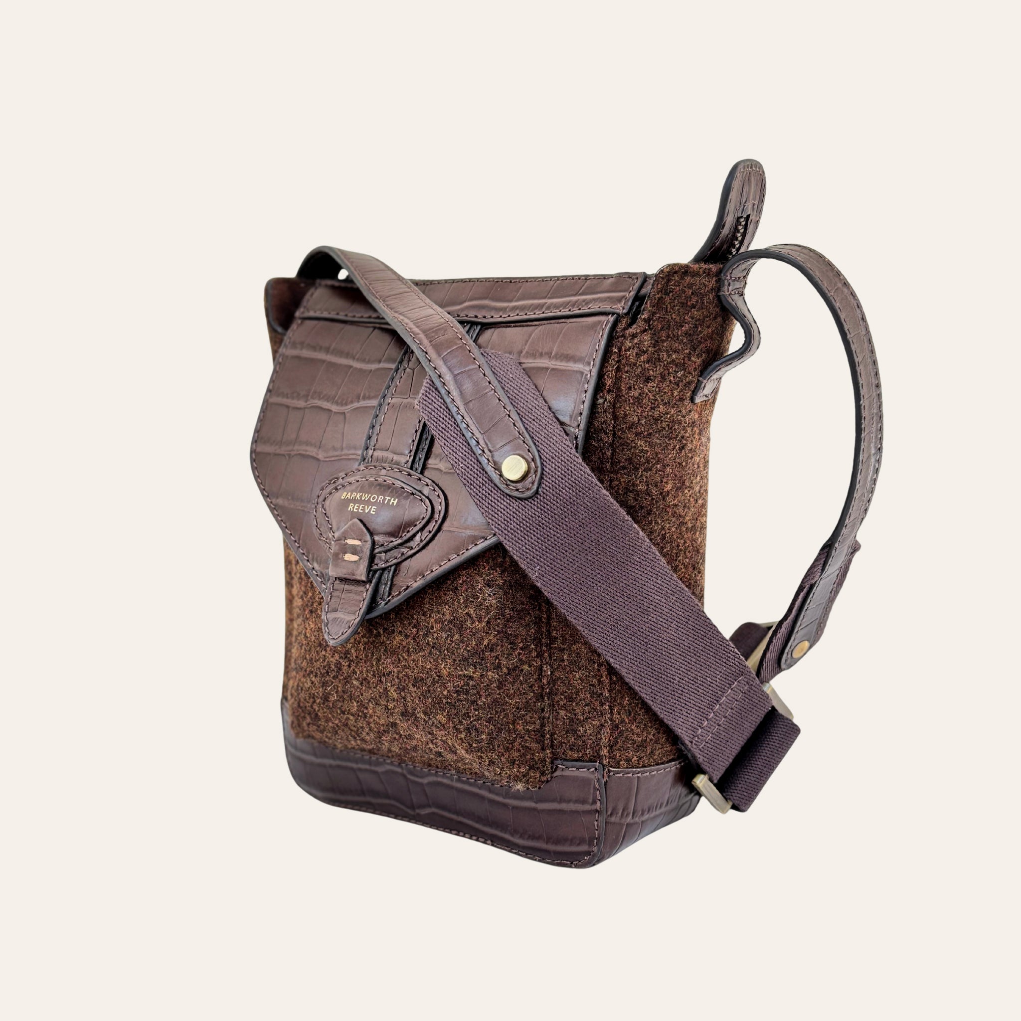 Hackthorn Tweed and Croc Leather Crossbody Bag with Adjustable Webbing Strap