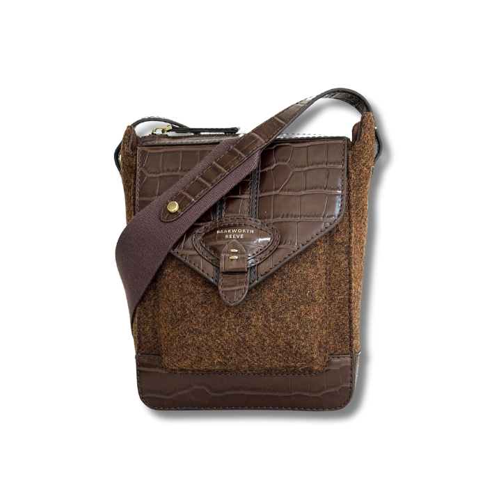 tweed cross body bag with croc leather flap and webbing cross body strap
