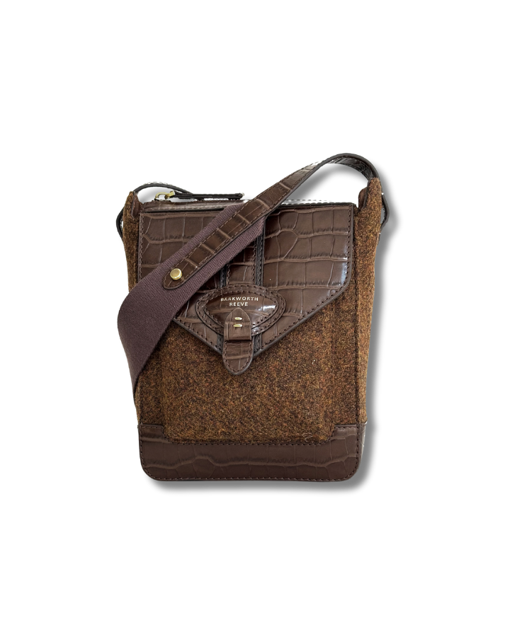 tweed cross body bag with croc leather flap and webbing cross body strap