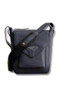 navy leather cross body bag with flap, pocket and webbing cross body strap 