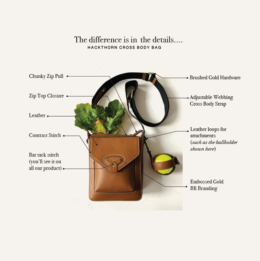 anotated tan cross body bag with dog ball holder attached