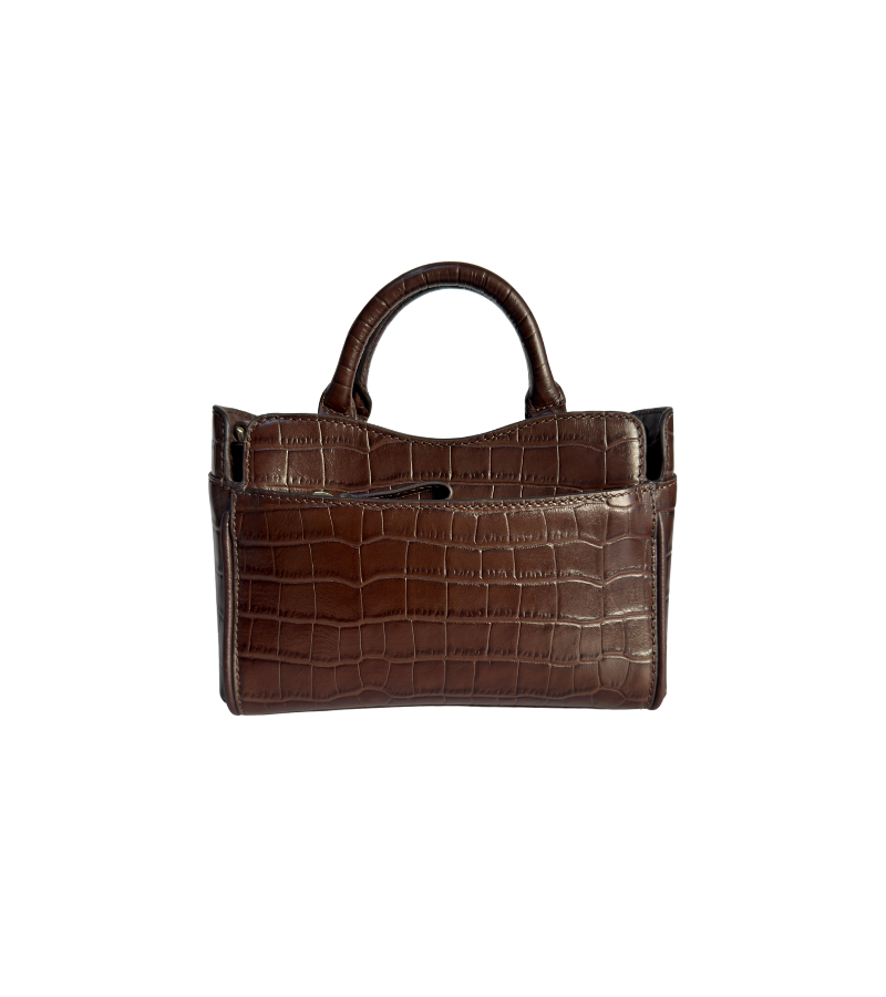 A brown crocodile-embossed leather handbag with a top handle, shown against a plain white background.