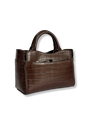 A brown crocodile-embossed leather handbag with dual top handles and a zippered front pocket, shown on a plain white background.