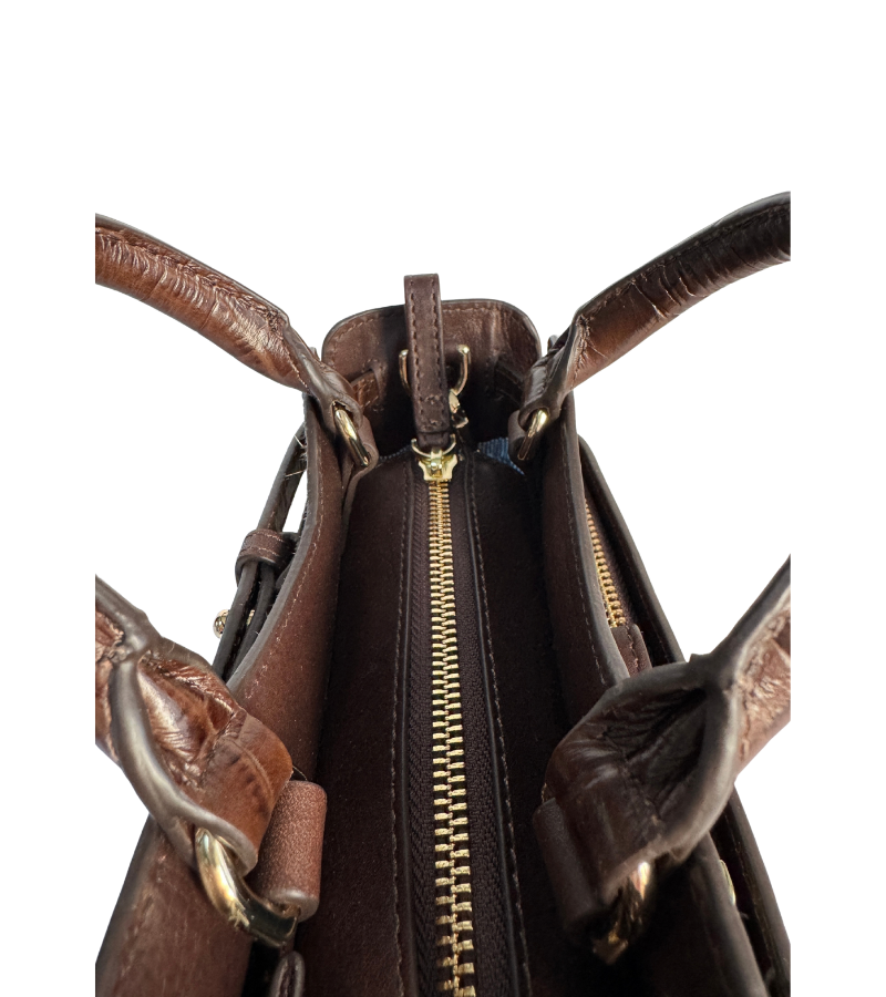 Close-up of a dark brown leather handbag showing the interior construction, double zipper closure, and textured leather handles against a white background.