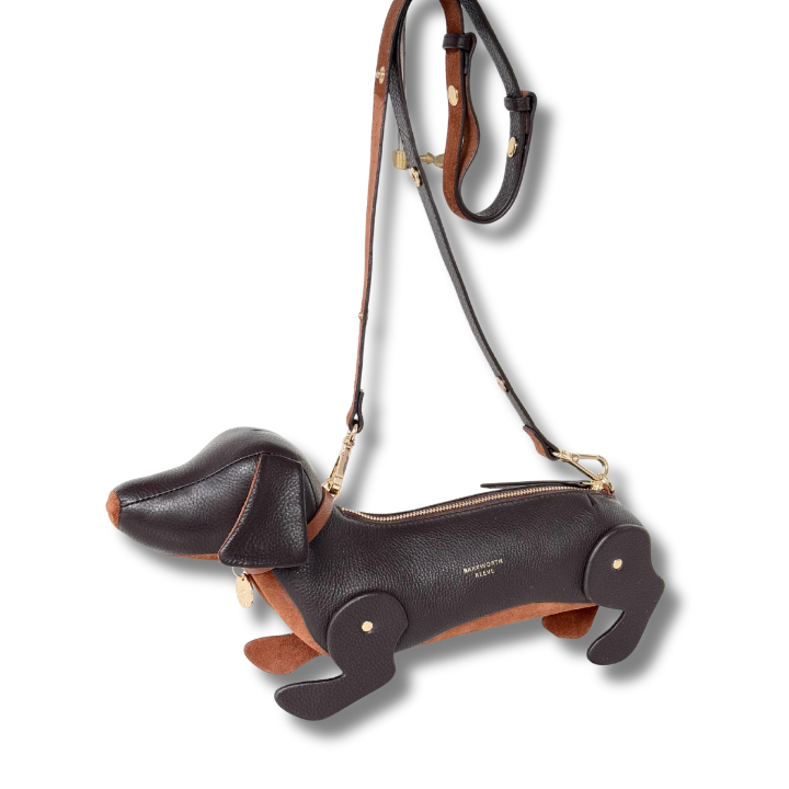 Chocolate Leather sausage dog handbag with leather strap standign up
