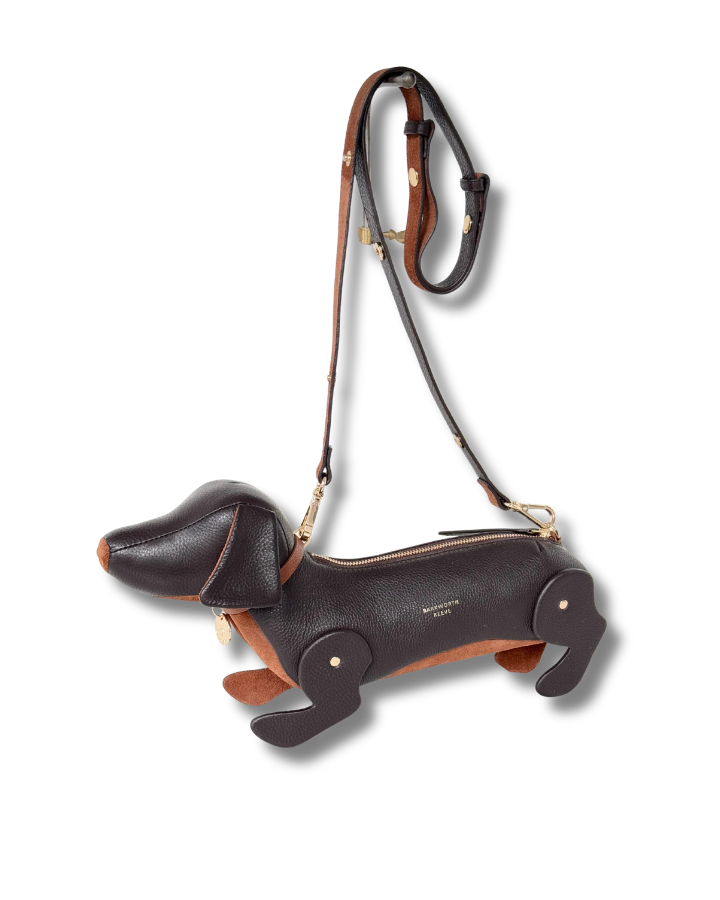 Chocolate Leather sausage dog handbag with leather strap standign up
