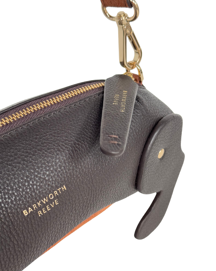 metal zip and tail on Chocolate Leather sausage dog handbag with gold clips 