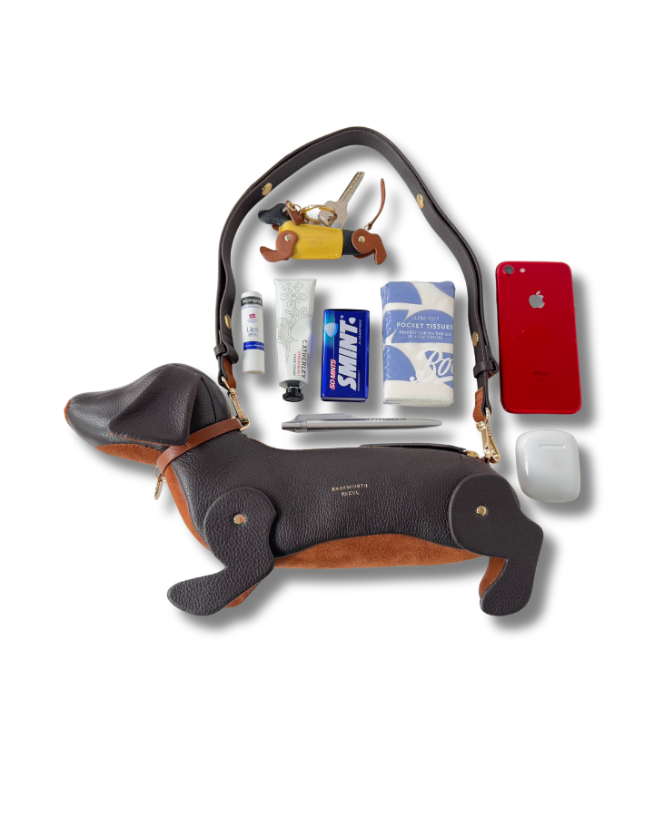 Dog-shaped purse with various items on a white background