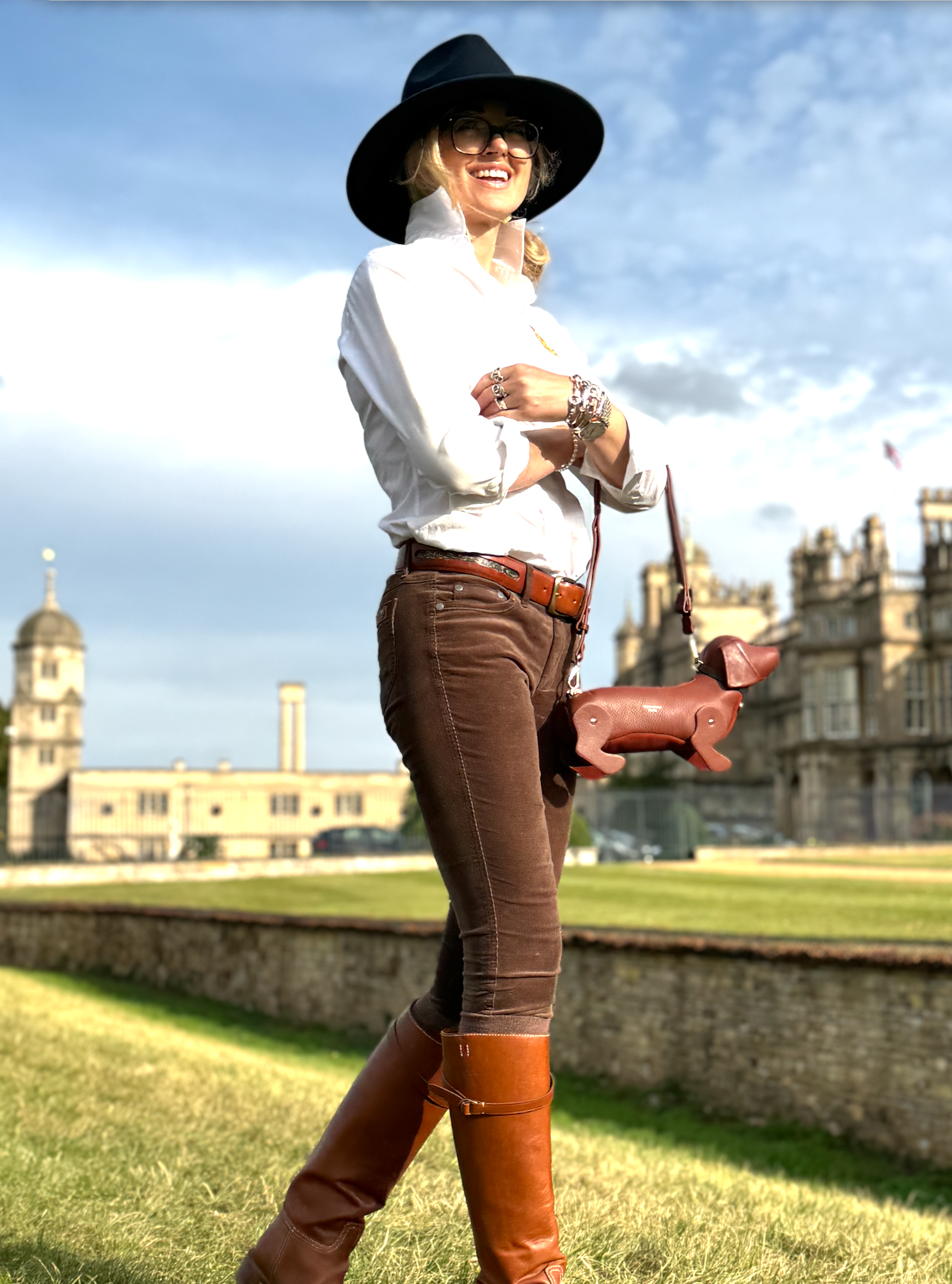 Hugo; Sausage Dog Bag with Detachable Cross Body Strap in Conker Leather & Suede