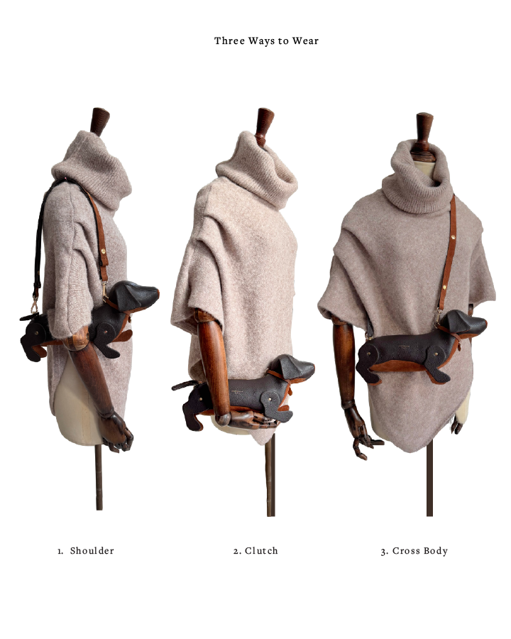 Three ways to wear a poncho with a dog design on mannequins.
