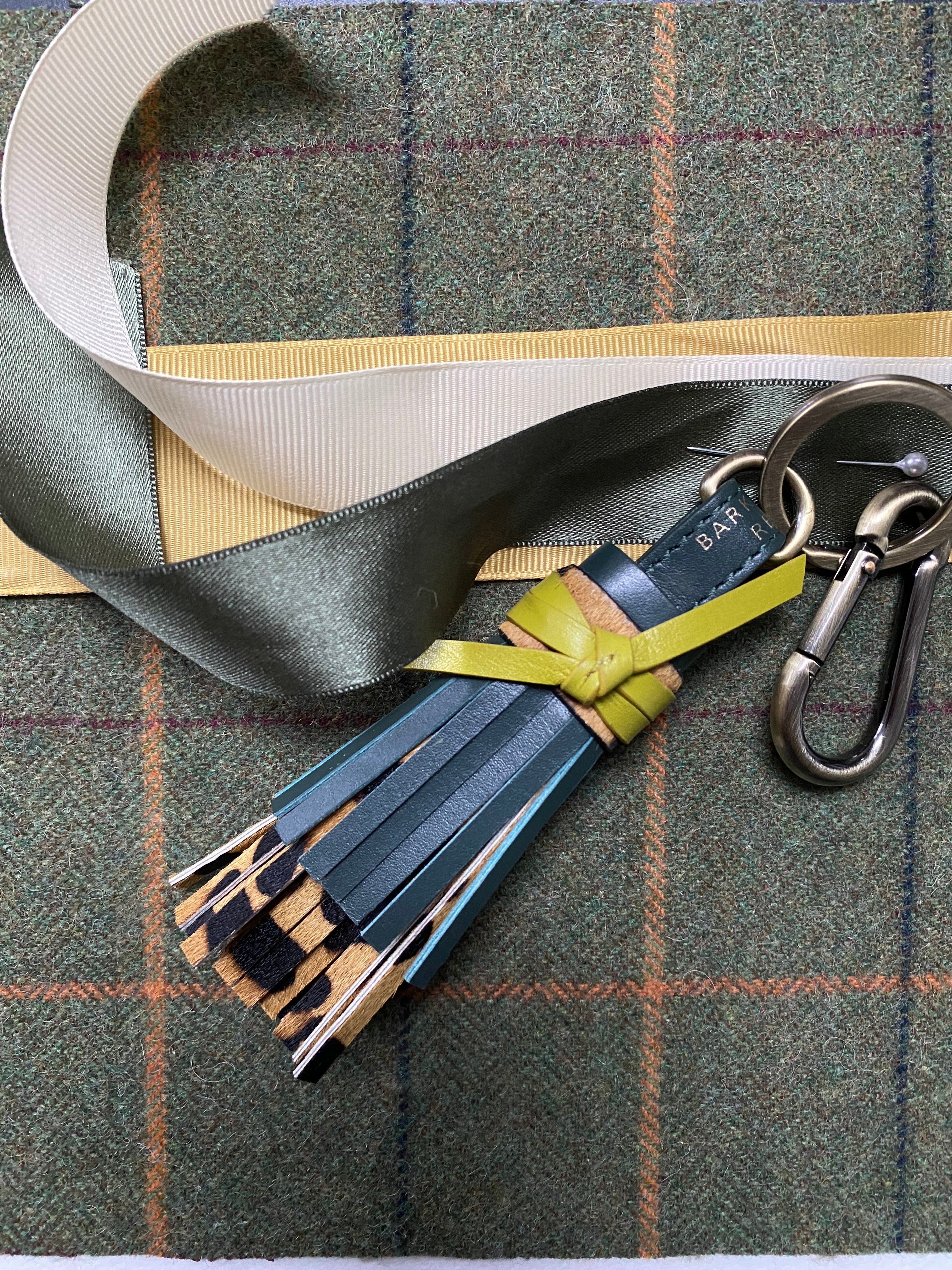 Forest Green Leather Tassel Keyring with a pops of Lime & Leopard