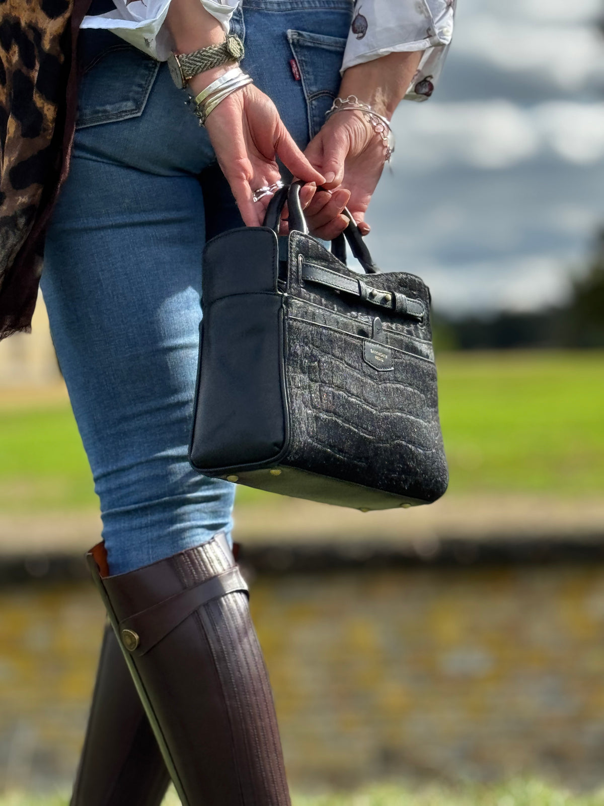 Ambridge Luxe: Black Croc Embossed Hair on Hide