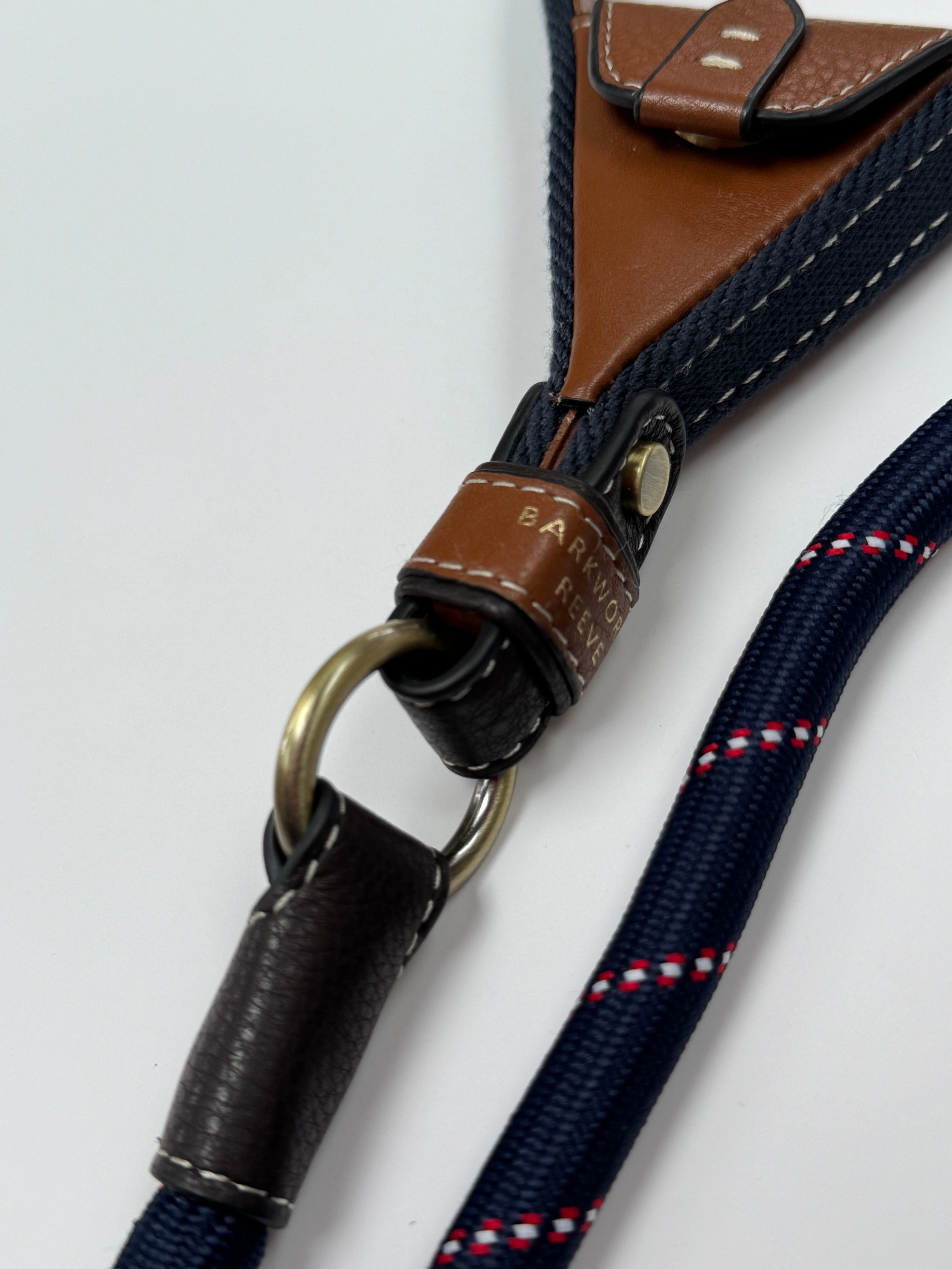 Clip Dog Lead In Navy & Tan Leather with Intergrated Poo Bag Holder