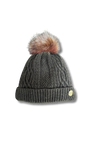Gray knit beanie with a fur pom-pom on a white background