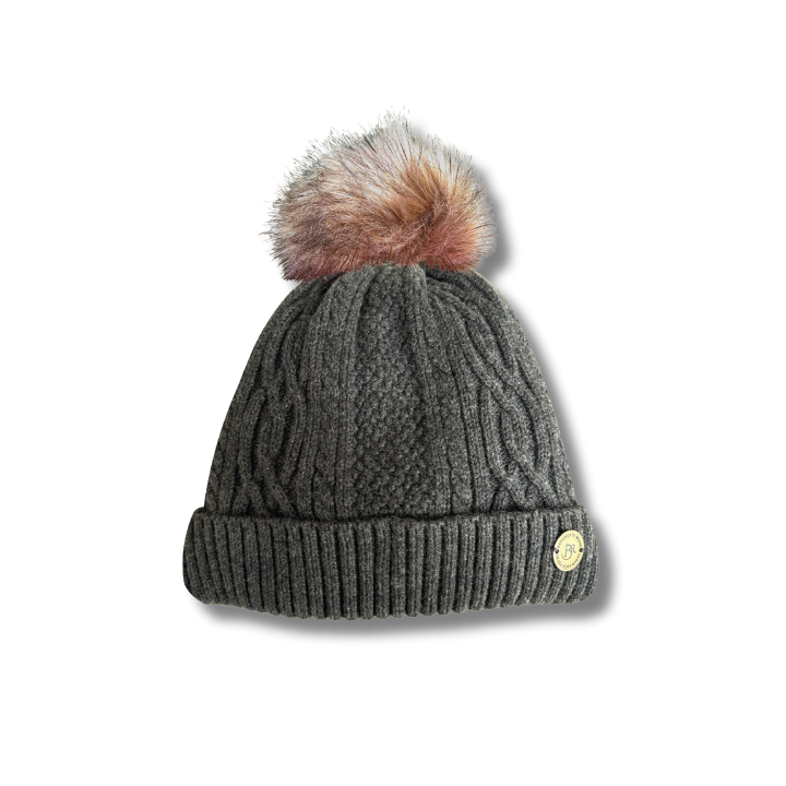 Gray knit beanie with a fur pom-pom on a white background