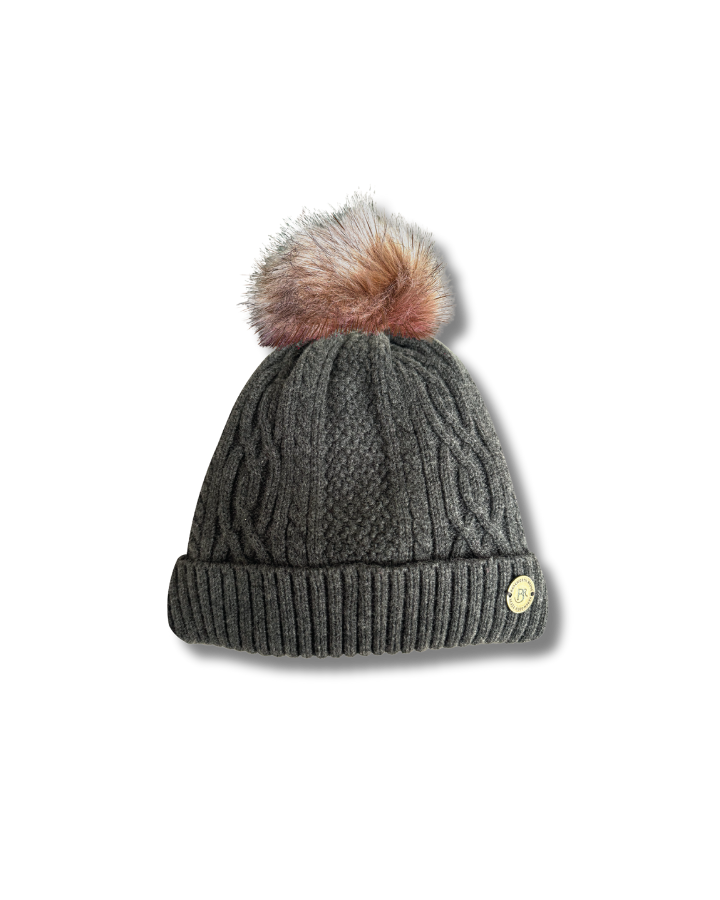 Gray knit beanie with a fur pom-pom on a white background