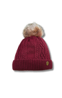 Knitted Bobble Hat in Dark Red Burgundy Cashmere Mix Yarn,cable knit with faux fur pom