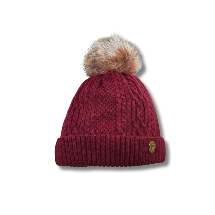 Knitted Bobble Hat in Dark Red Burgundy Cashmere Mix Yarn,cable knit with faux fur pom
