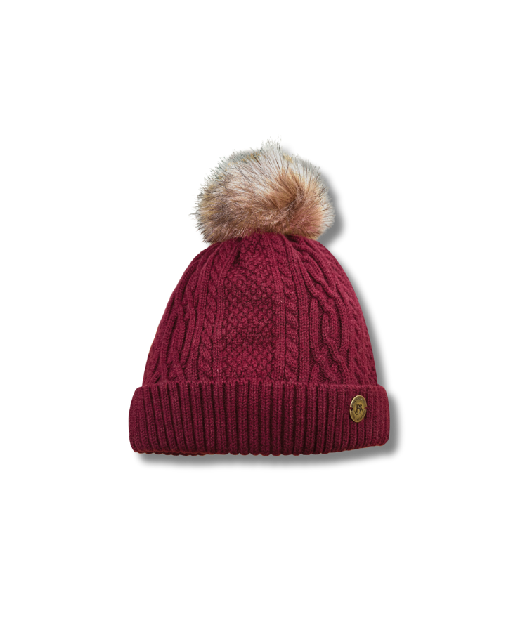 Knitted Bobble Hat in Dark Red Burgundy Cashmere Mix Yarn,cable knit with faux fur pom