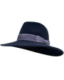 Navy blue wool wide-brimmed fedora hat with light blue velvet ribbon on a white background