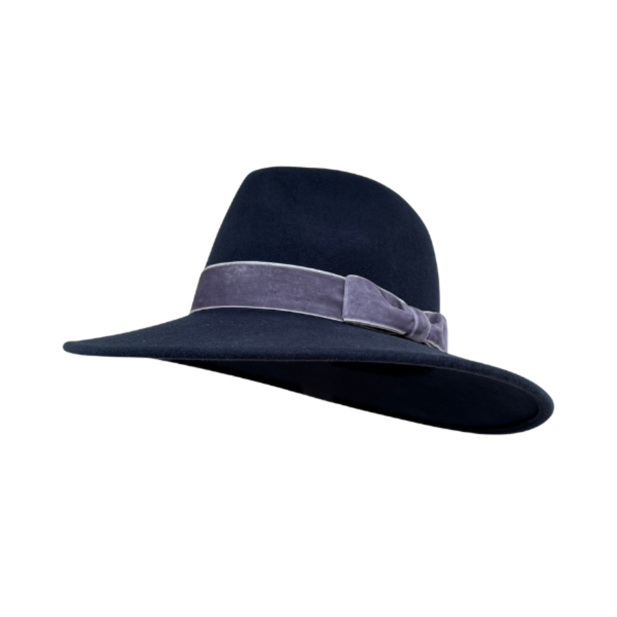 Navy blue wool wide-brimmed fedora hat with light blue velvet ribbon on a white background