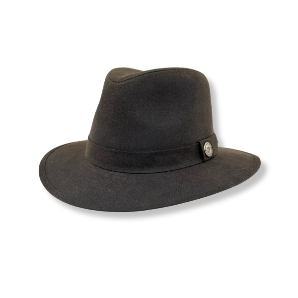 dark green waxed  fedora hat with a band on a white background