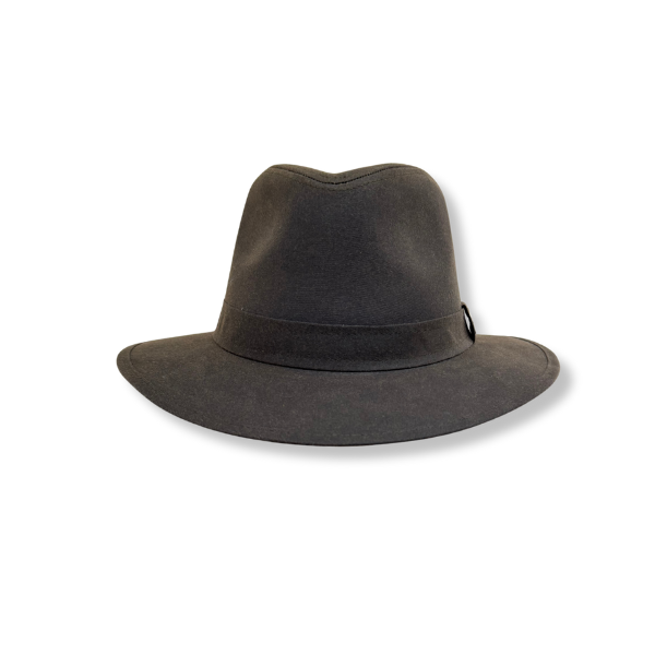 dk brown fedora hat on a white background