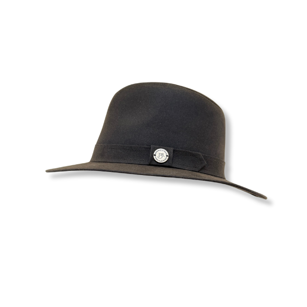 Dark brown fedora hat with a decorative band on a white background