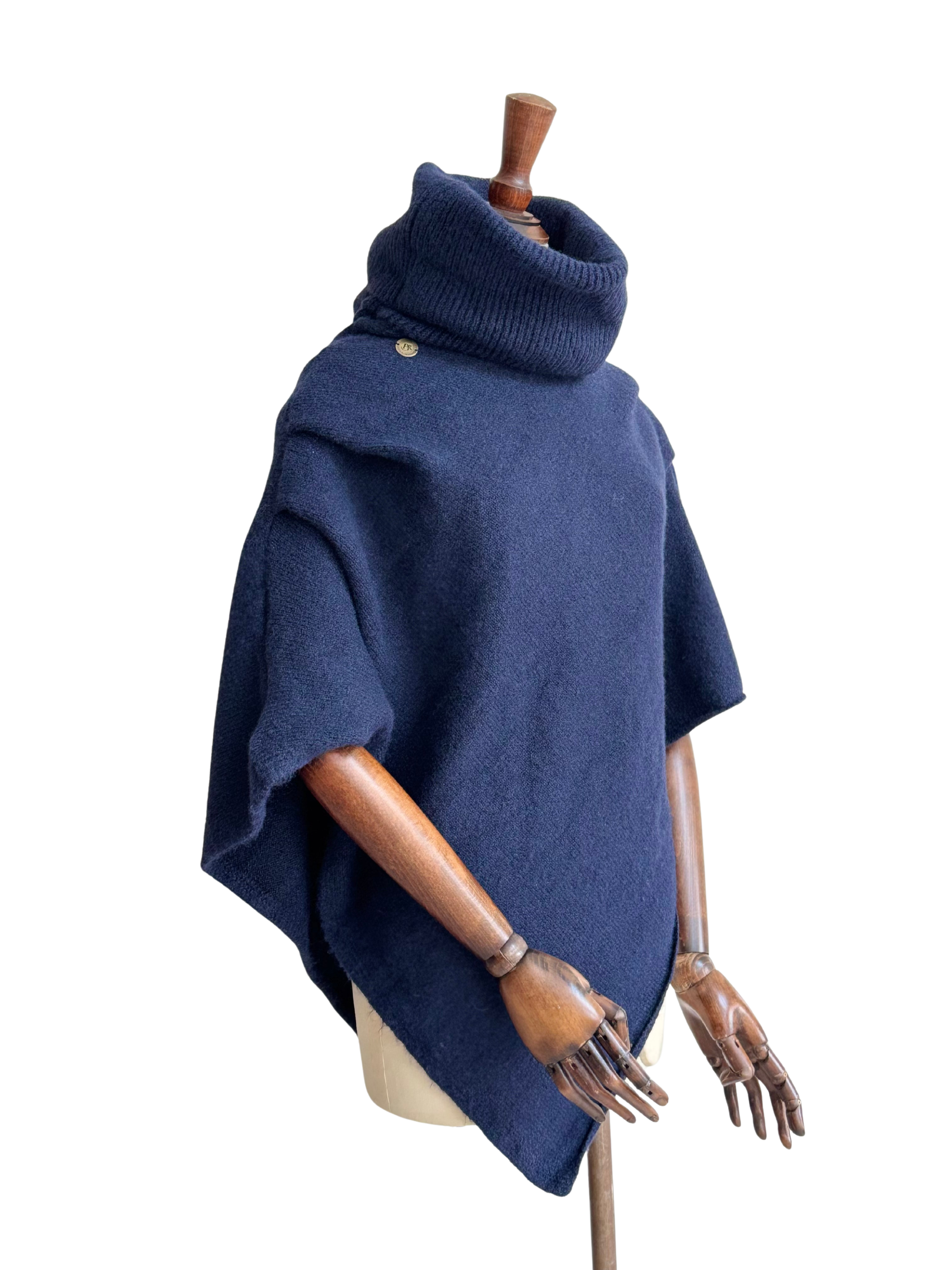 Knitted Roll Neck Poncho - Navy Marl