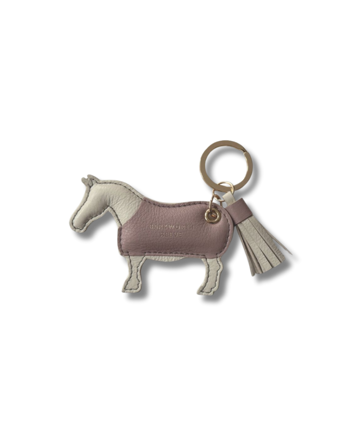 Grey pony keyring in pink coat with tassel tail and gol split ring 