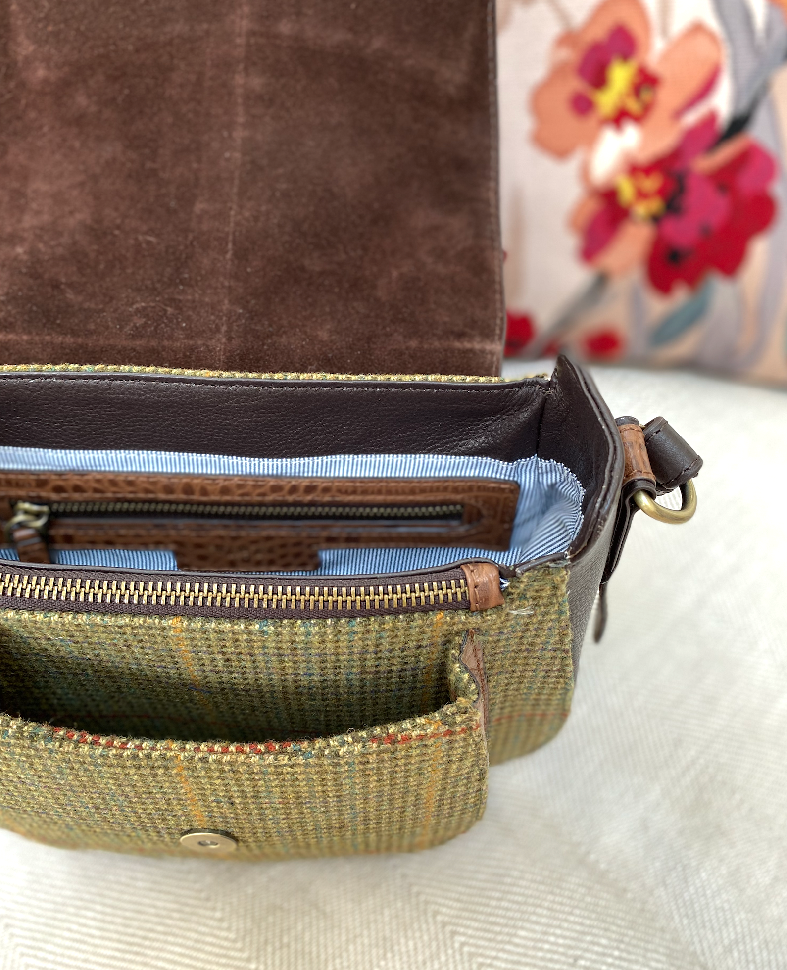 Belton Saddle Bag in Green Tweed & Croc Leather with Adjustable & Detachable Shoulder Strap