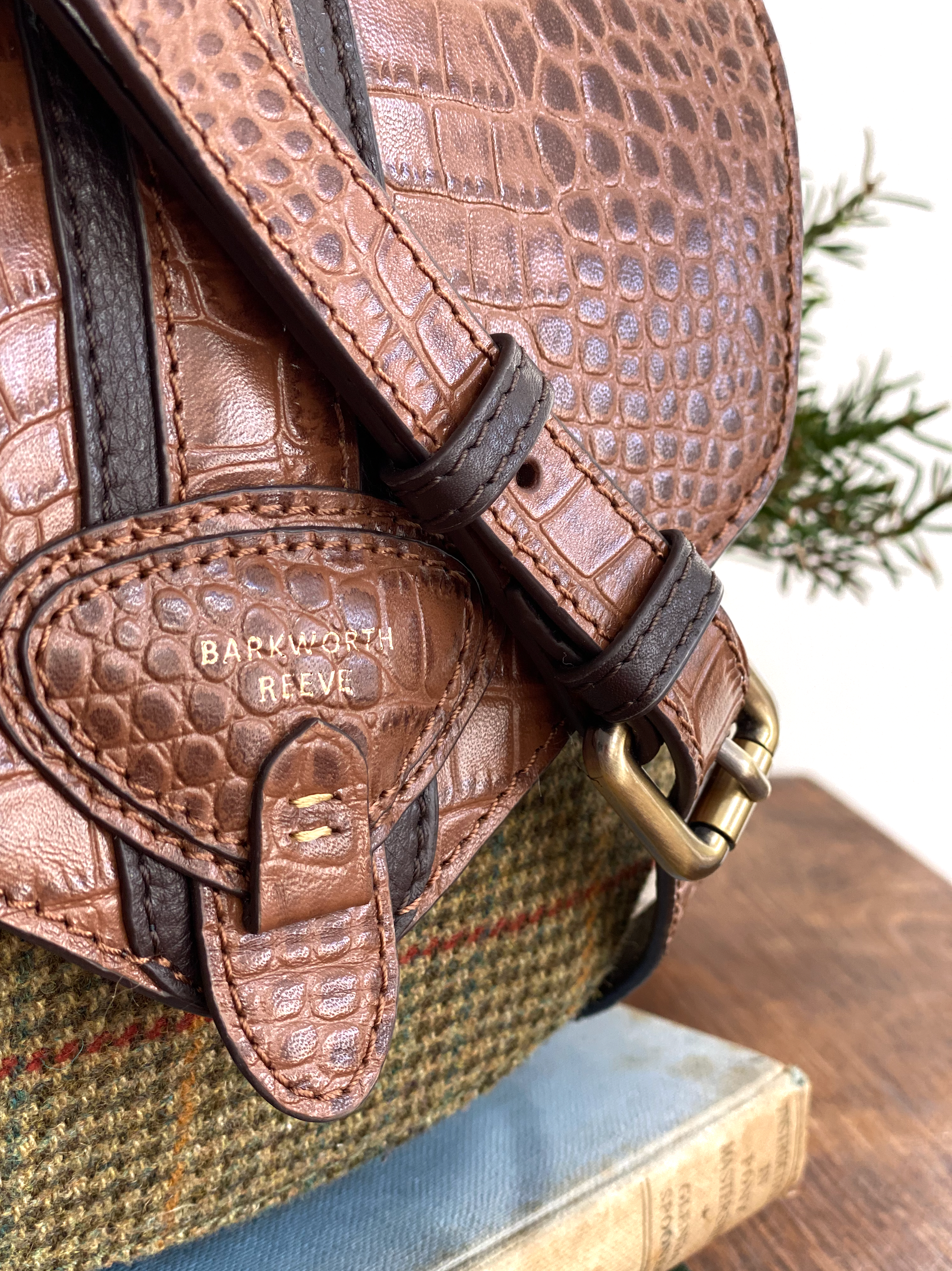 Belton Saddle Bag in Green Tweed & Croc Leather with Adjustable & Detachable Shoulder Strap