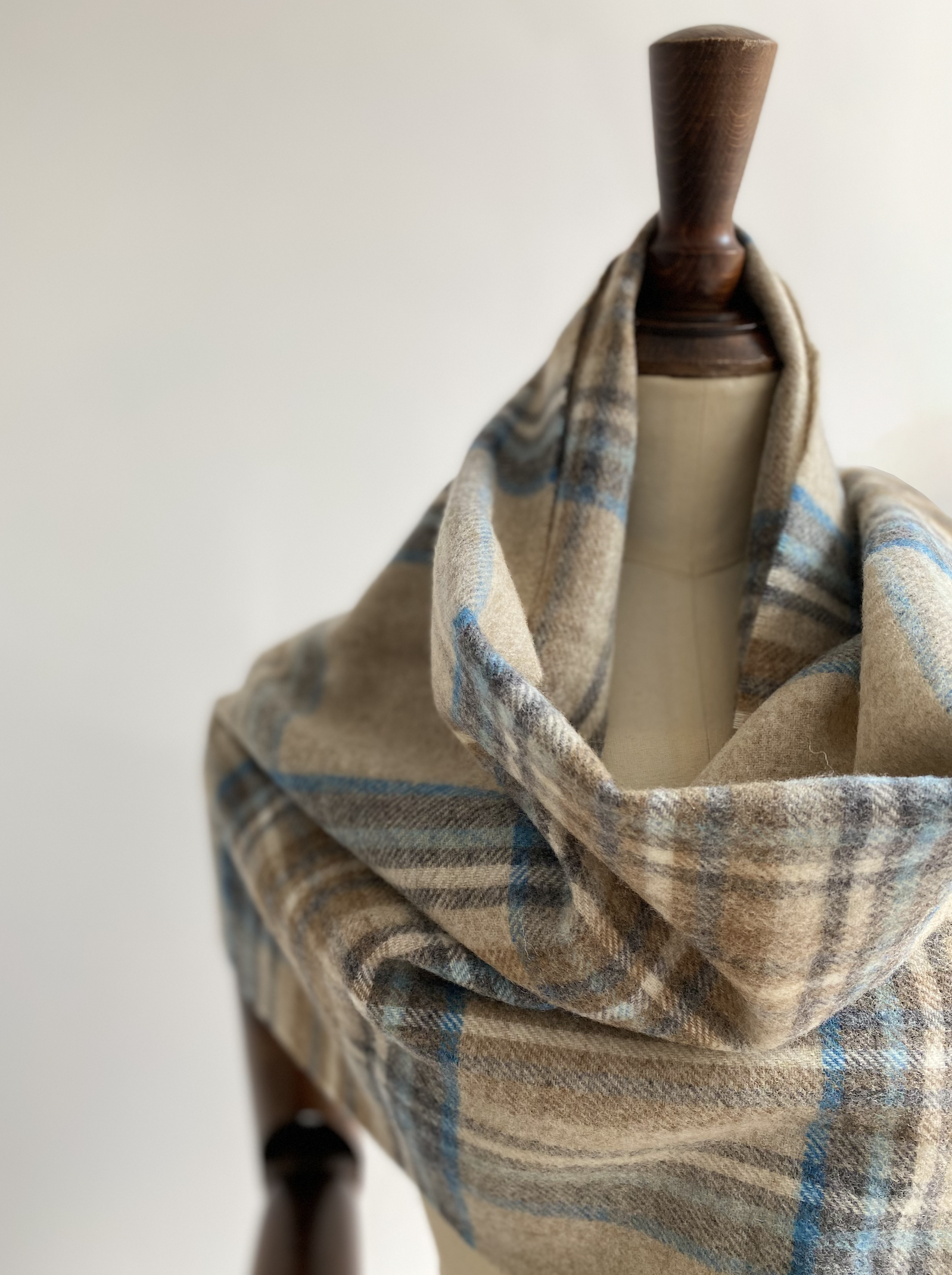 Extra Large Merino Wool Scarf - Biscuit marl & Light Blue Check