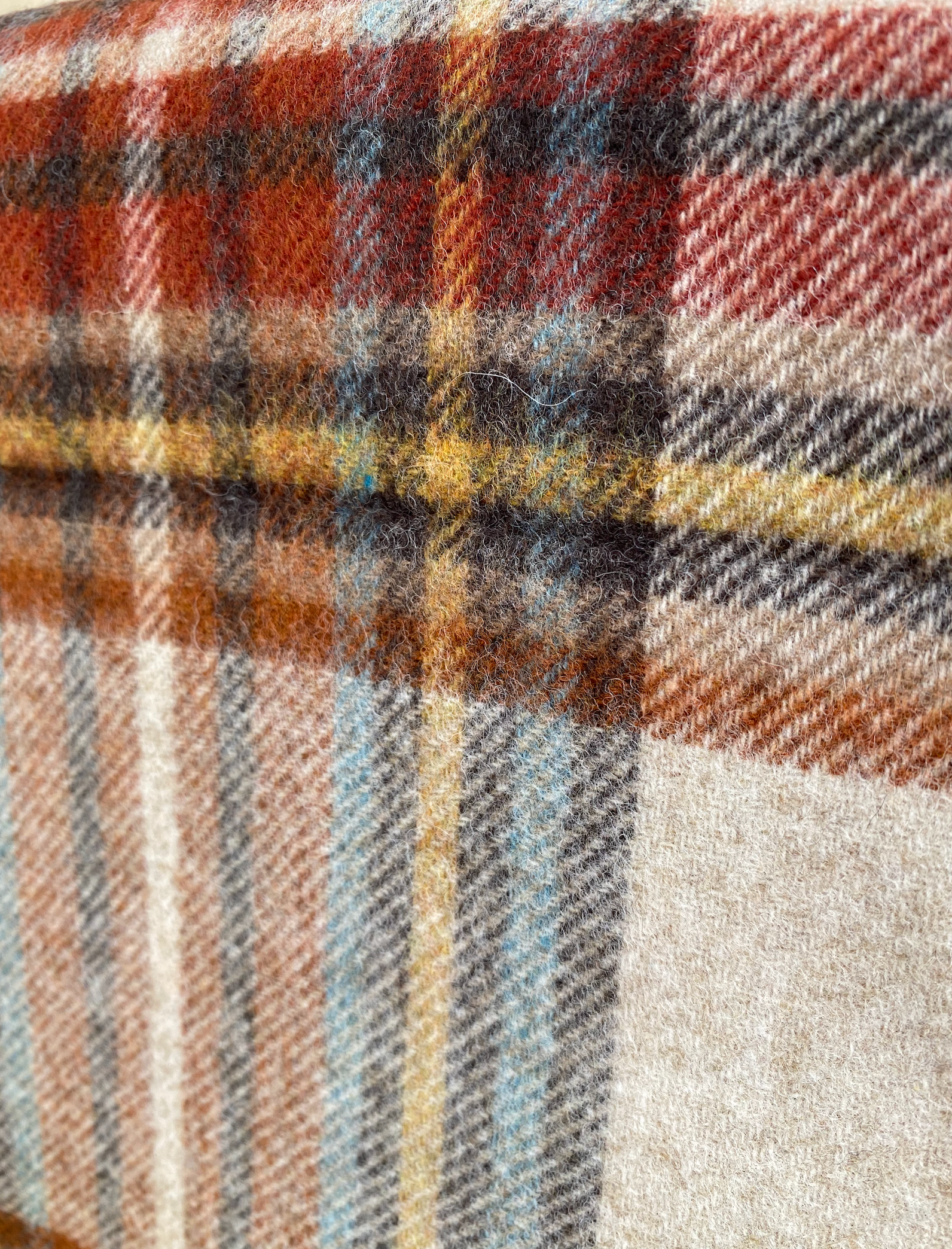 Merino Wool Scarf - Biscuit marl with Rust Orange Check