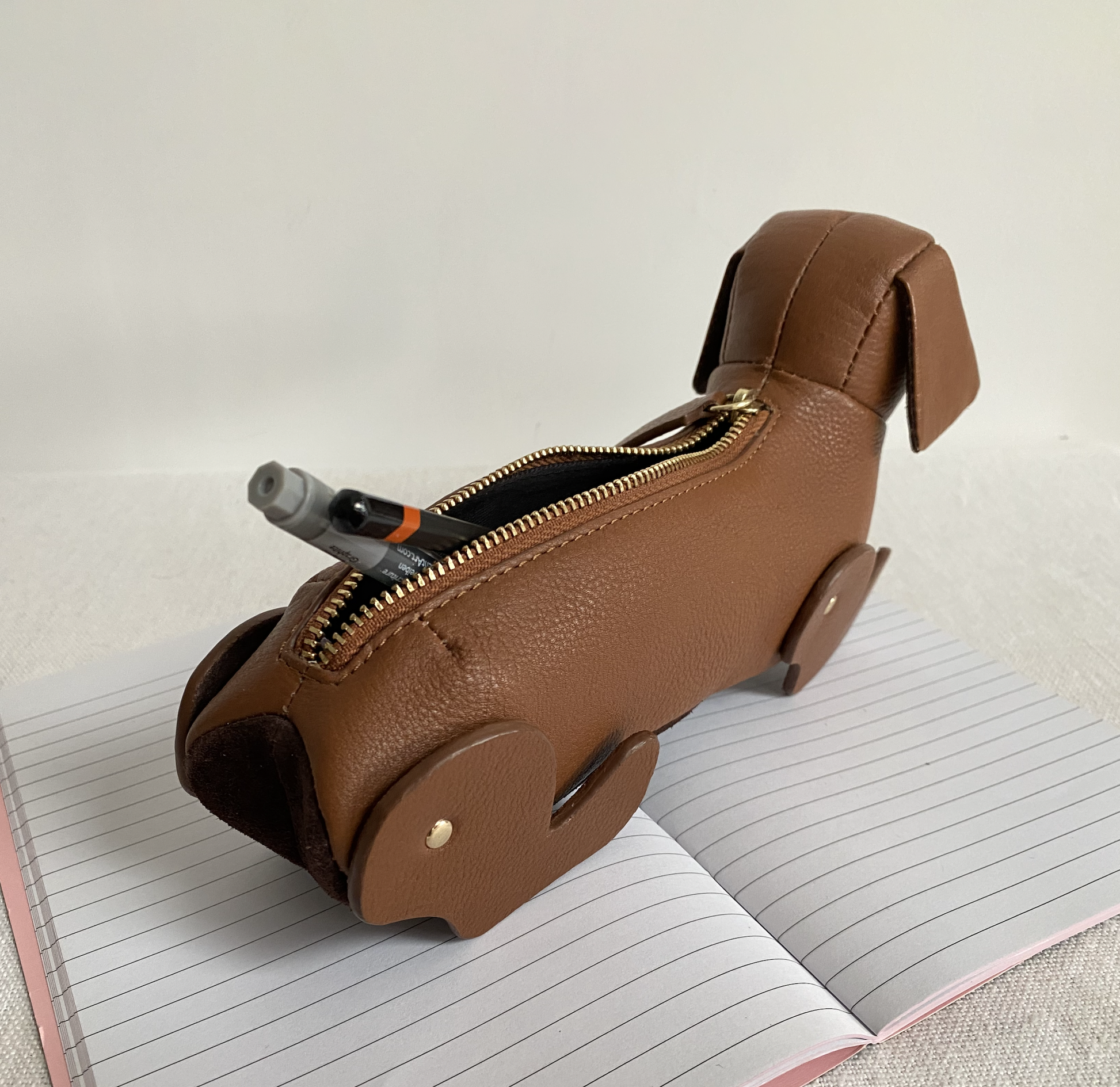 Pickles Sausage Dog Pencil Case in Tan Grain Leather