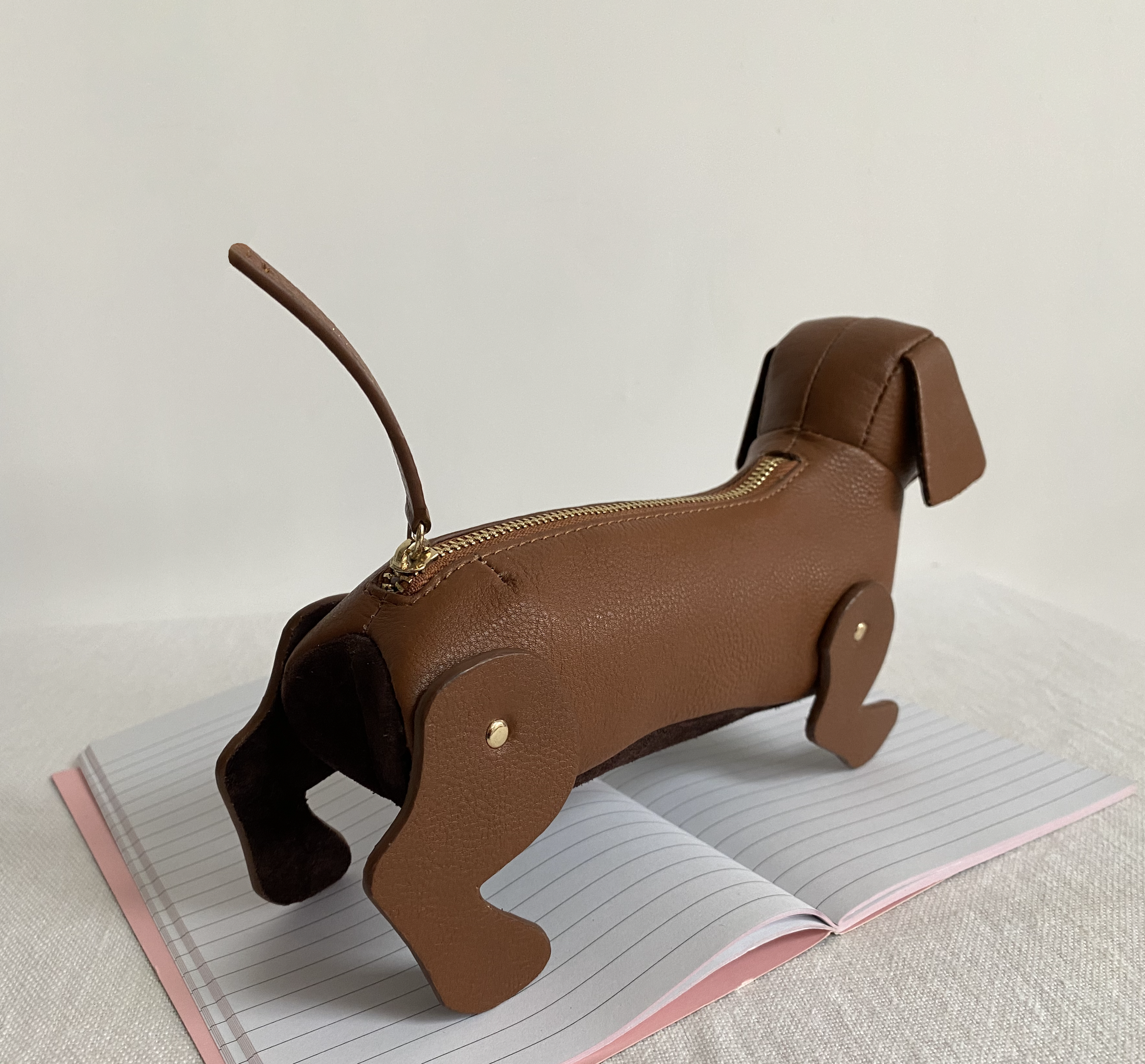 Pickles Sausage Dog Pencil Case in Tan Grain Leather