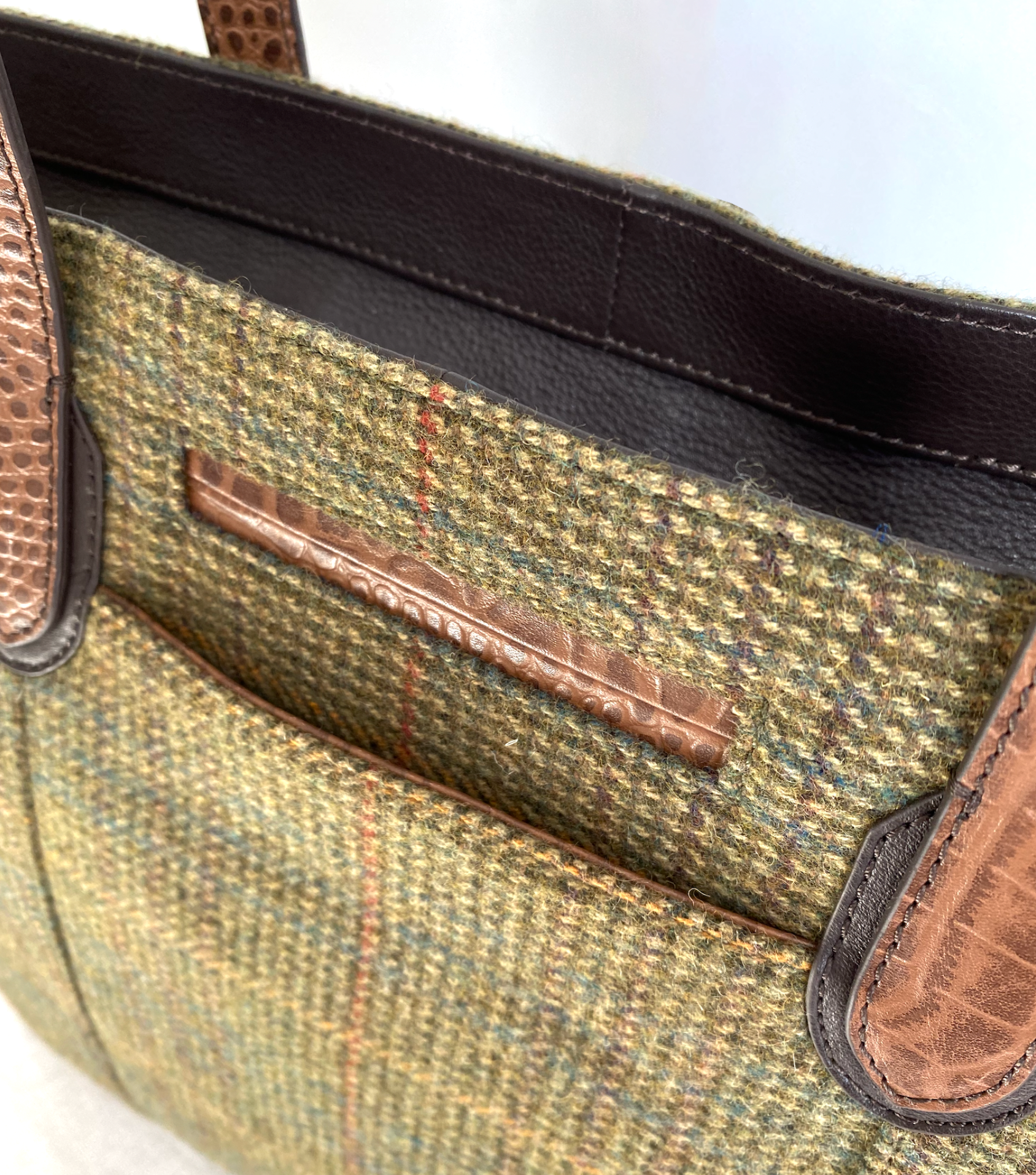 Doddington Tote Bag in Country Green Tweed with Croc Leather Trim & Zip Closure