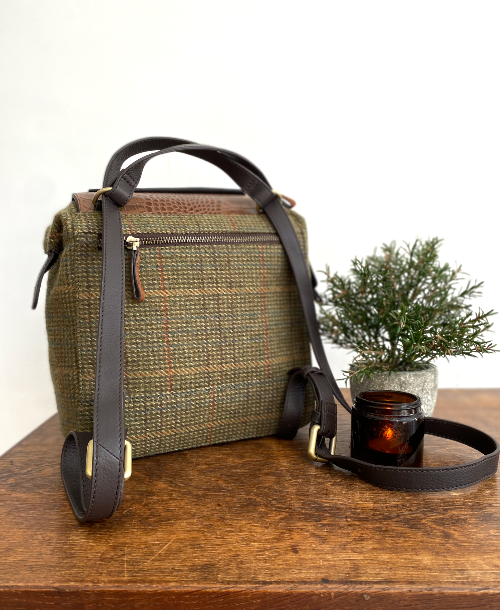 Bramham in Field Green Tweed & Tan Croc Embossed Leather