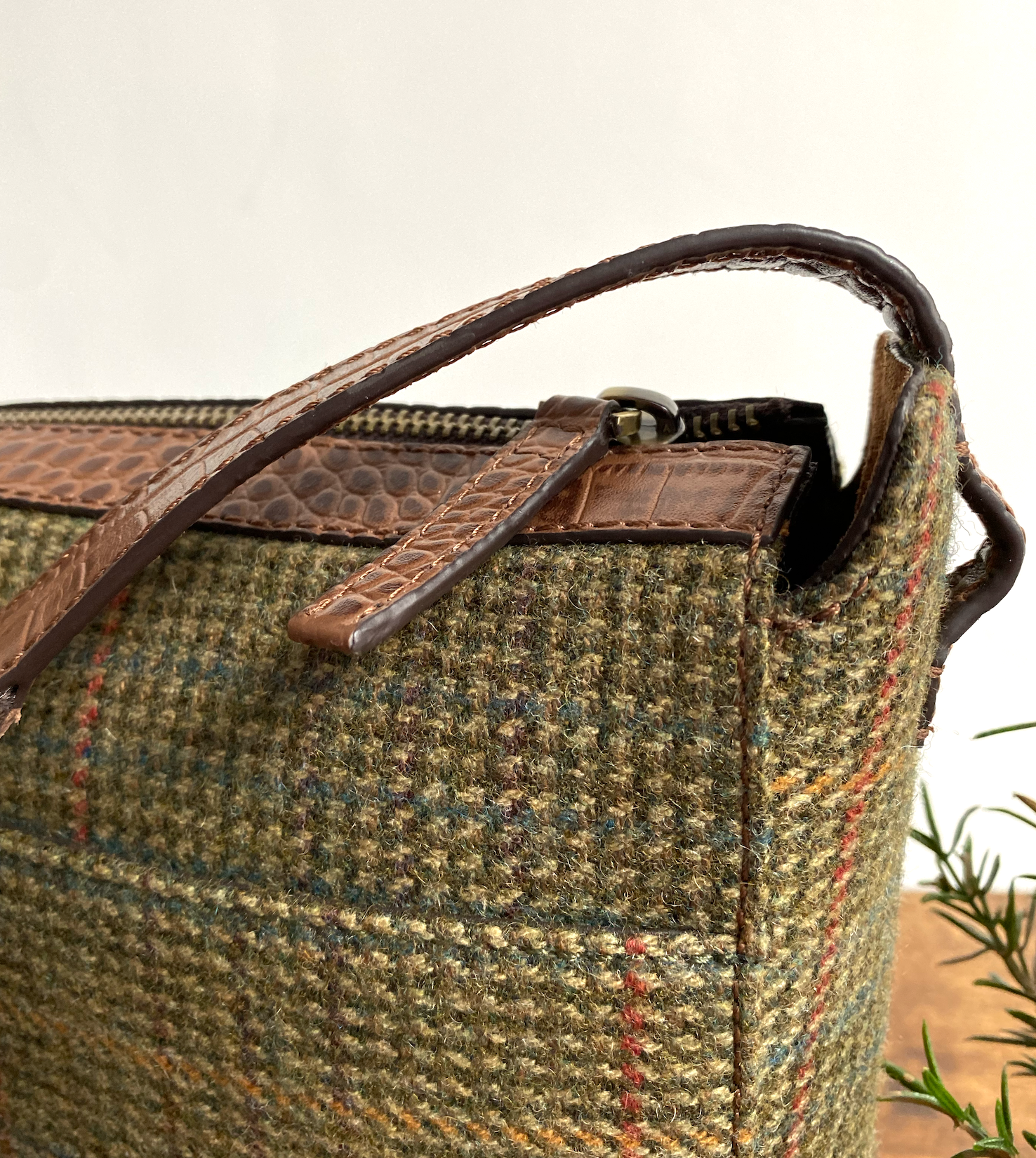 Hackthorn Crossbody Bag in Country Green Tweed & Brown Croc Leather with Adjustable Webbing Strap