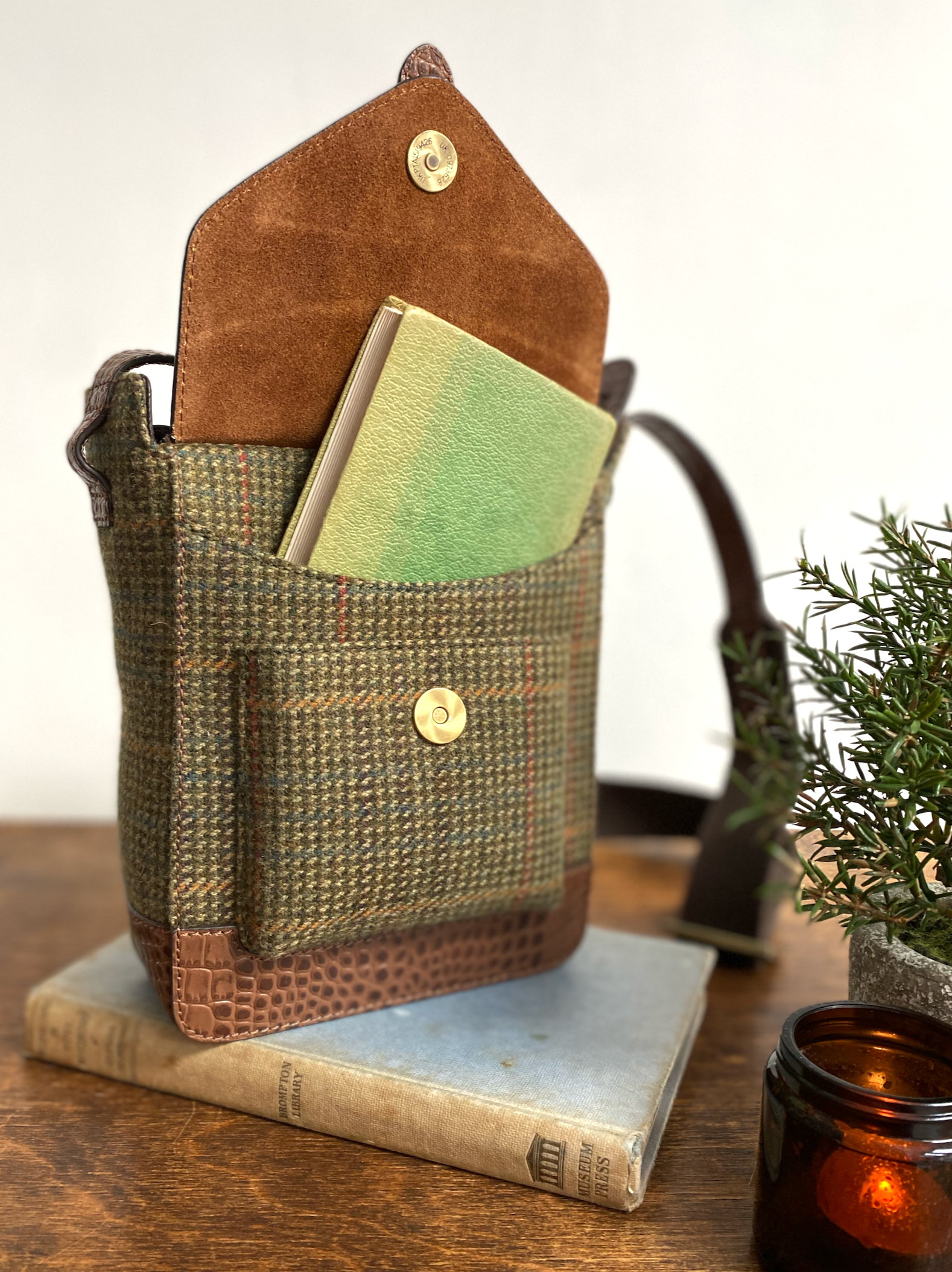 Hackthorn Crossbody Bag in Country Green Tweed & Brown Croc Leather with Adjustable Webbing Strap