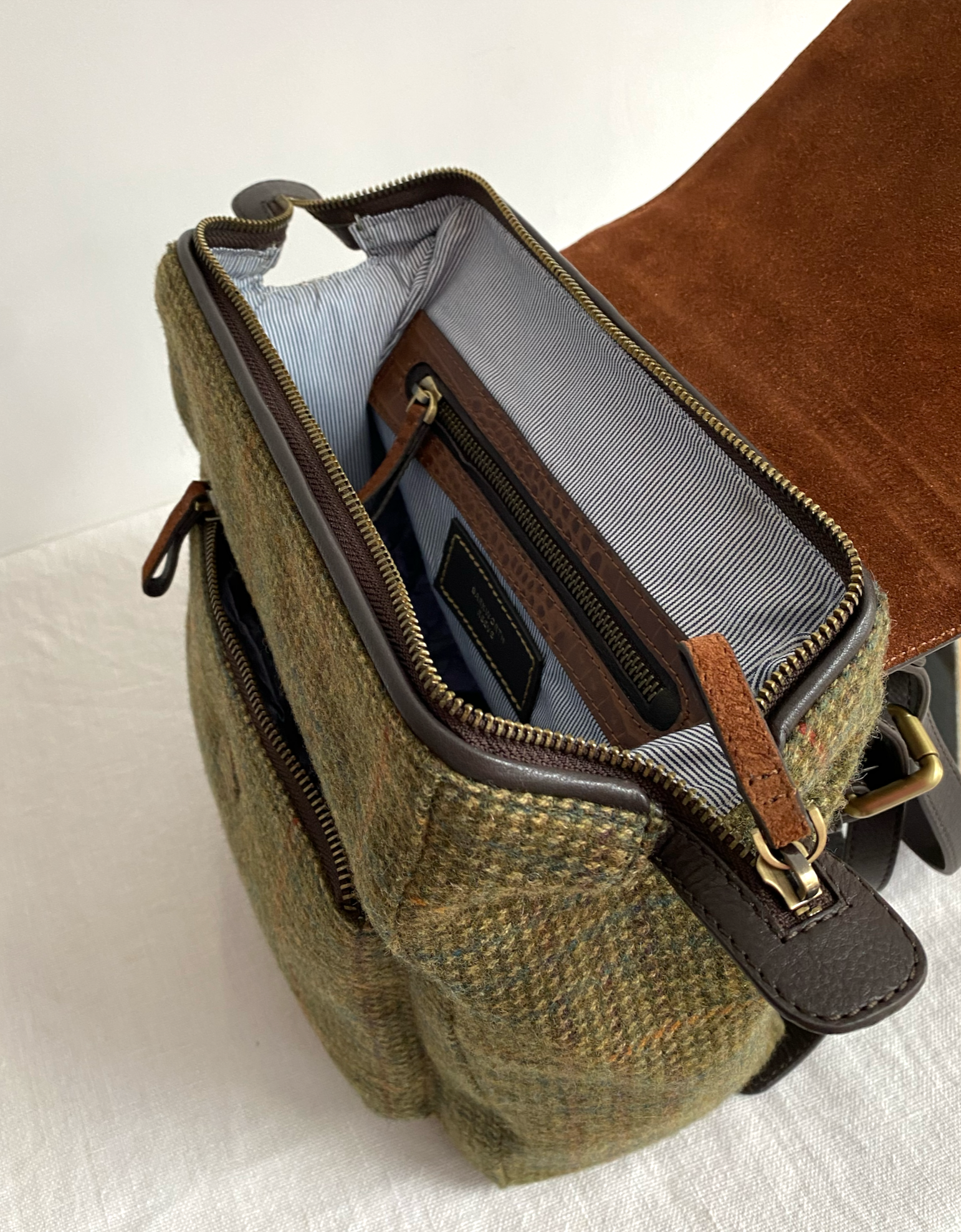 Bramham in Field Green Tweed & Tan Croc Embossed Leather