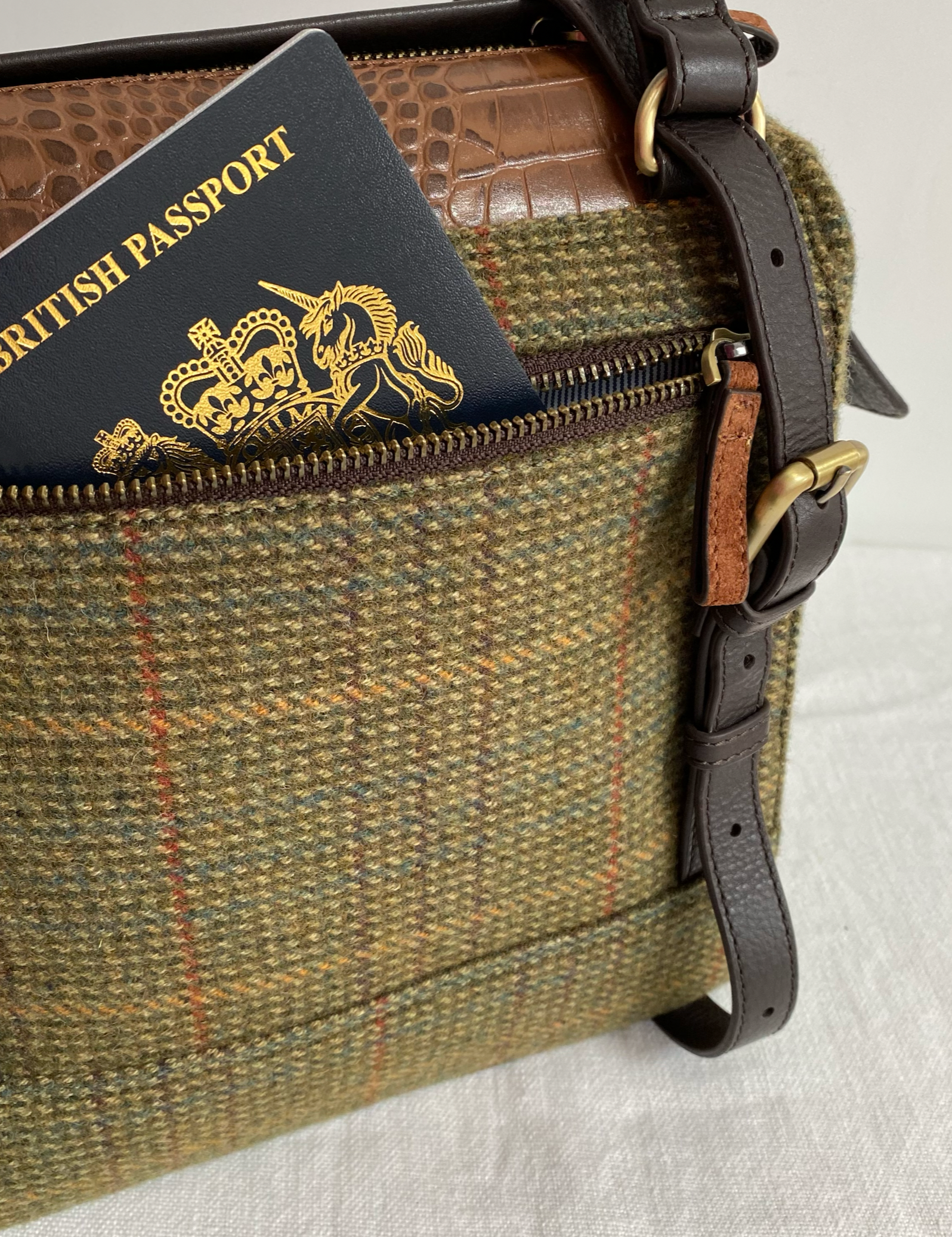 Bramham in Field Green Tweed & Tan Croc Embossed Leather