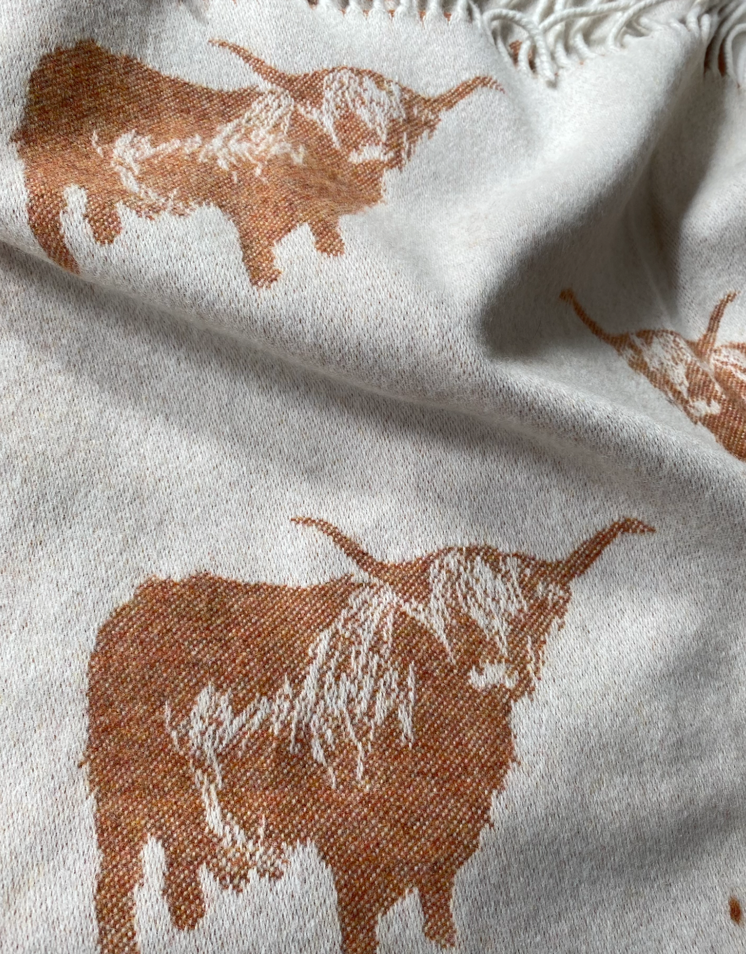 Merino Wool Highland Cow Scarf - Cream & Rust