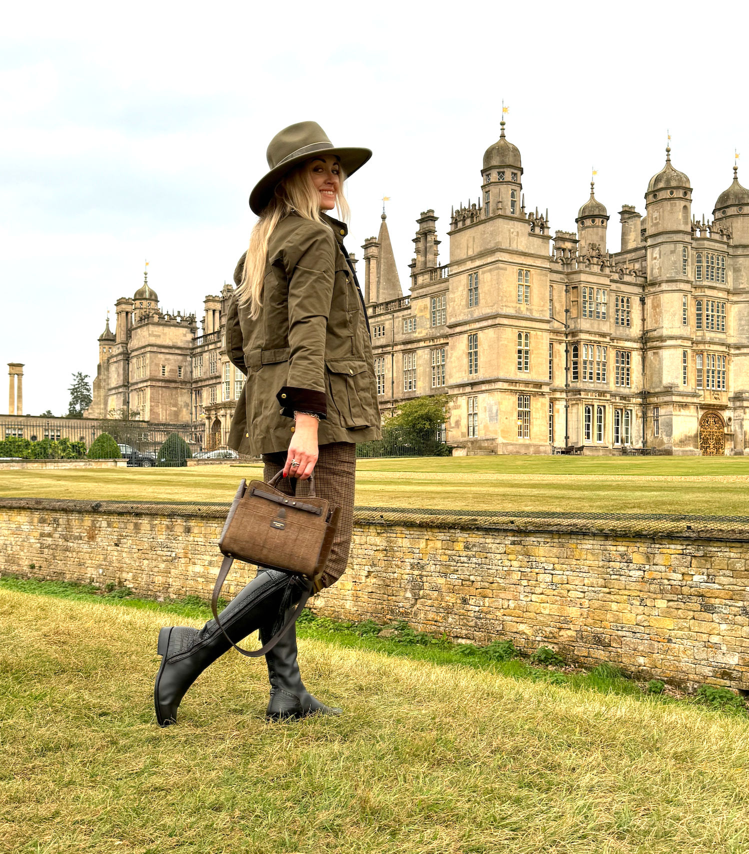 Ambridge Tweed & Chocolate Brown Croc Leather Handheld Bag with Detachable Cross Body Strap