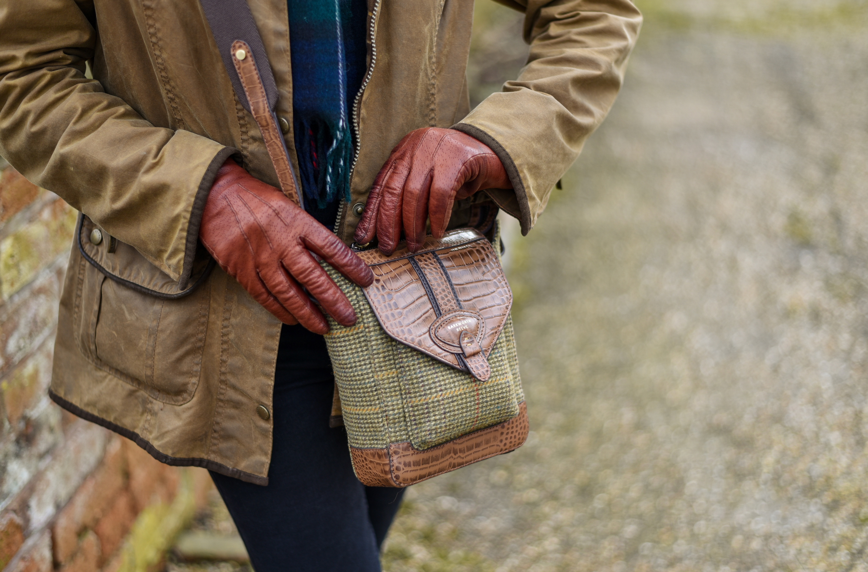 Hackthorn Crossbody Bag in Country Green Tweed & Brown Croc Leather with Adjustable Webbing Strap