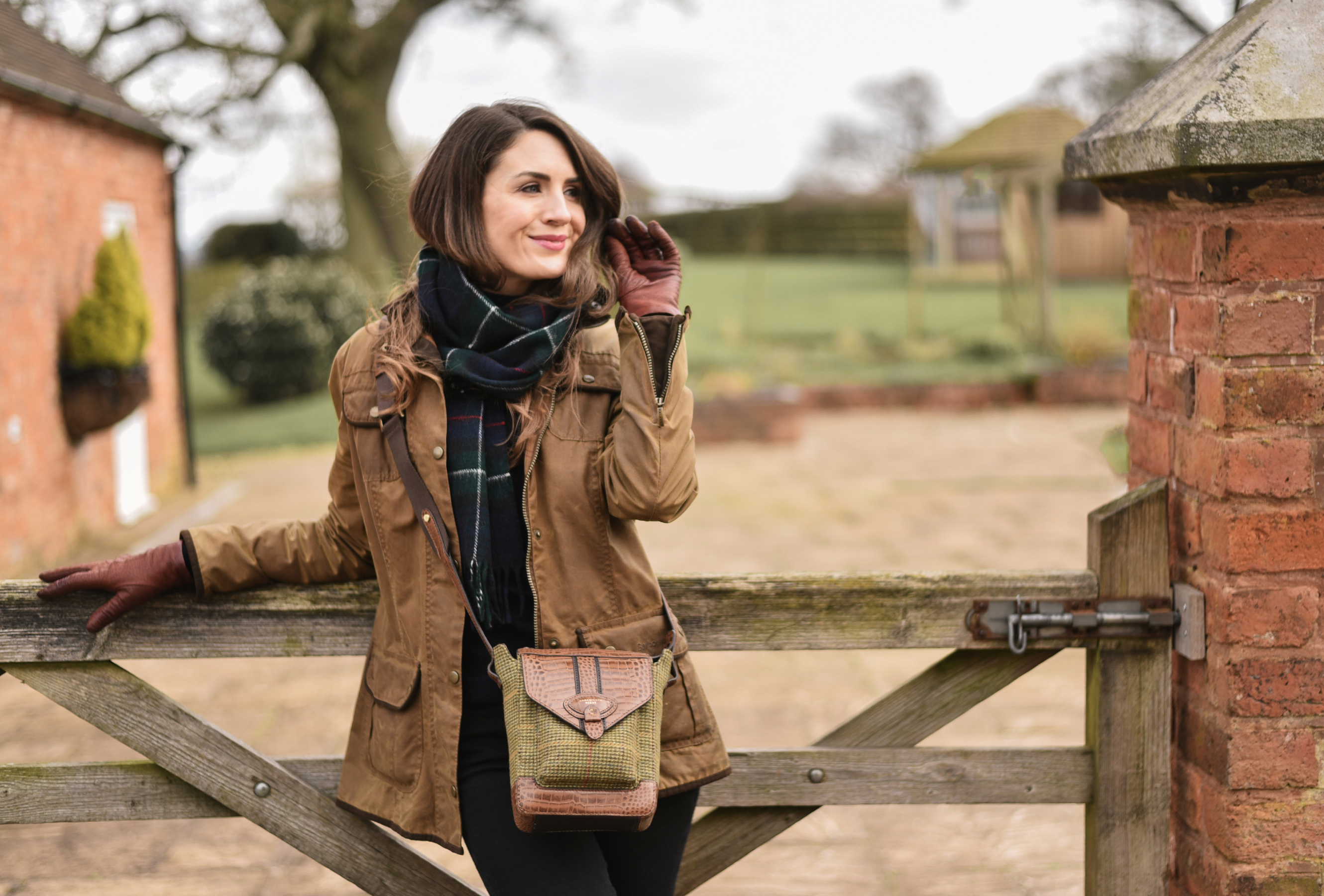 Hackthorn Crossbody Bag in Country Green Tweed & Brown Croc Leather with Adjustable Webbing Strap