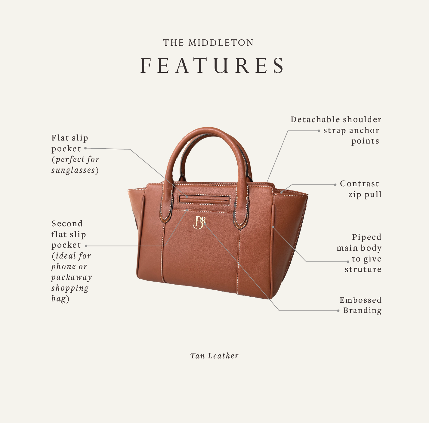 Middleton Tan Leather Handheld Bag with Detachable Cross Body Strap