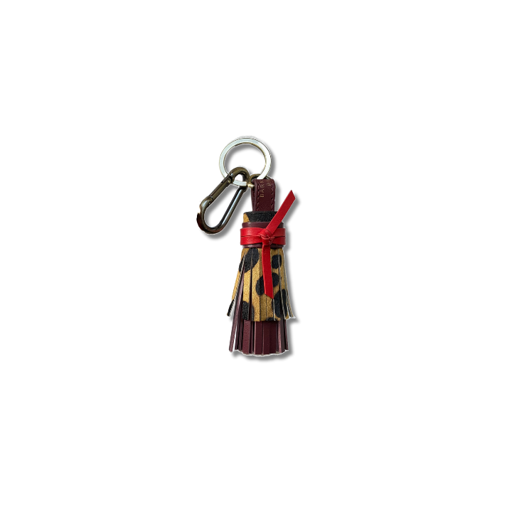 Tassel Keyring in Leopard Leather with Red & Deep Merlot Red